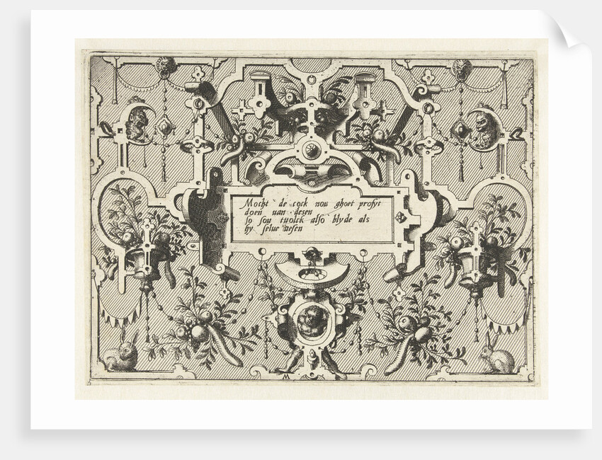 Cartouche with grotesques, bottom center is a child by Hieronymus Cock