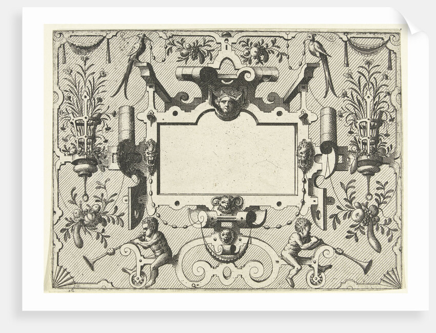 Cartouche surrounded by grotesques, with left and right a basket with flowers by Hieronymus Cock