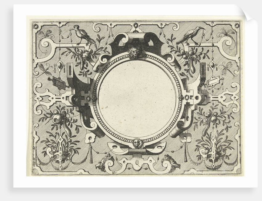 Round cartouche surrounded by scroll work with garlands and fruit bunches by Hieronymus Cock