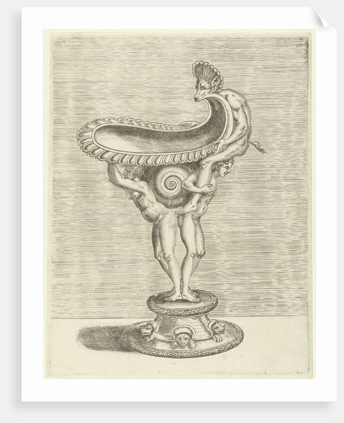 The bowl rests on a cochlea that is sandwiched between the backs of a man and a woman by Balthazar van den Bos