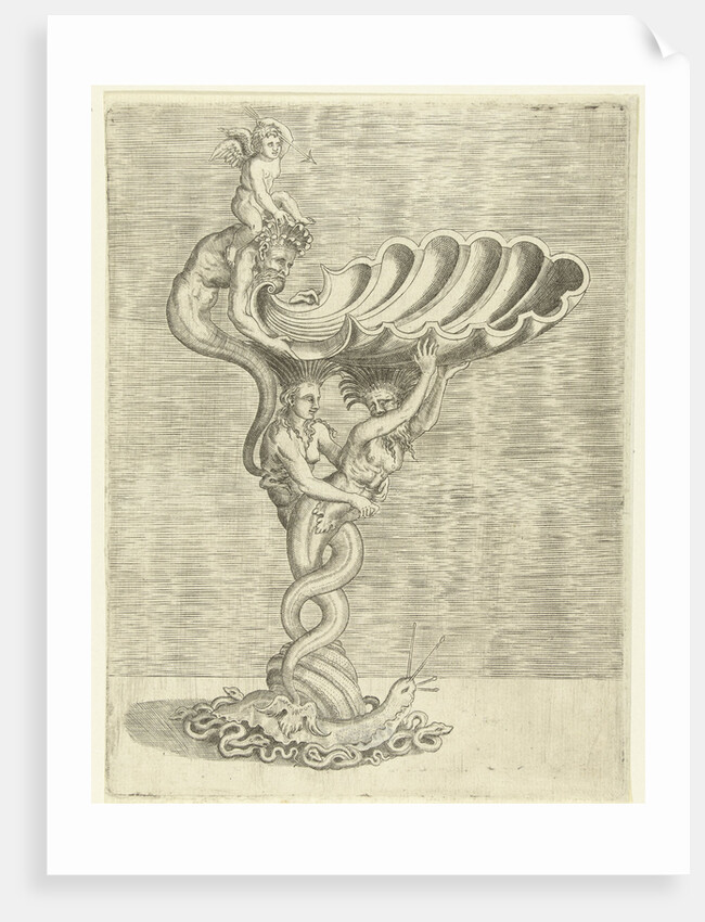 Scale in the form of a shell, supported by a mermaid and a merman by Hieronymus Cock