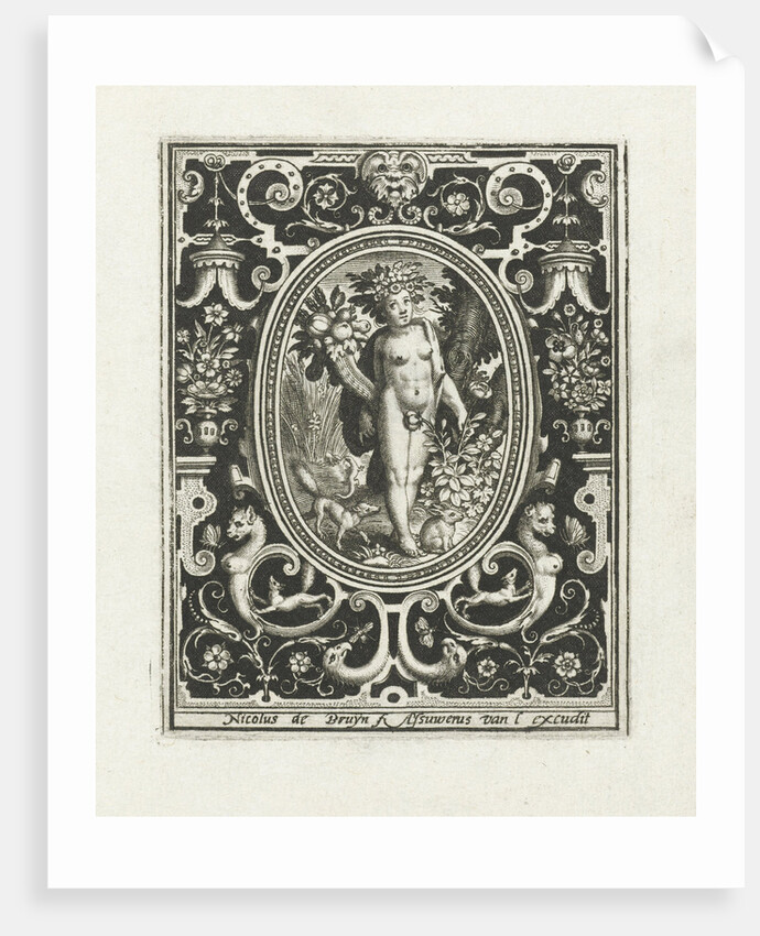 Element earth as a young woman with cornucopia and rosebush in picture frame with ornaments by Assuerus van Londerseel