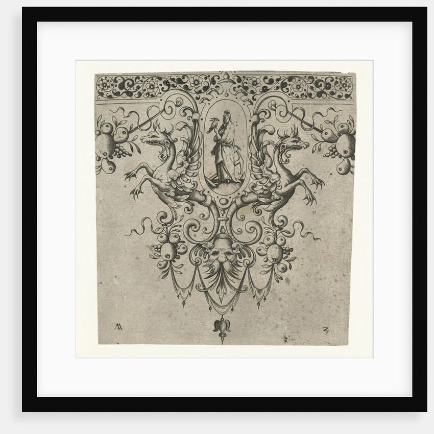 Ornament featuring a winged creature and a woman holding a bird, Germany by Anonymous