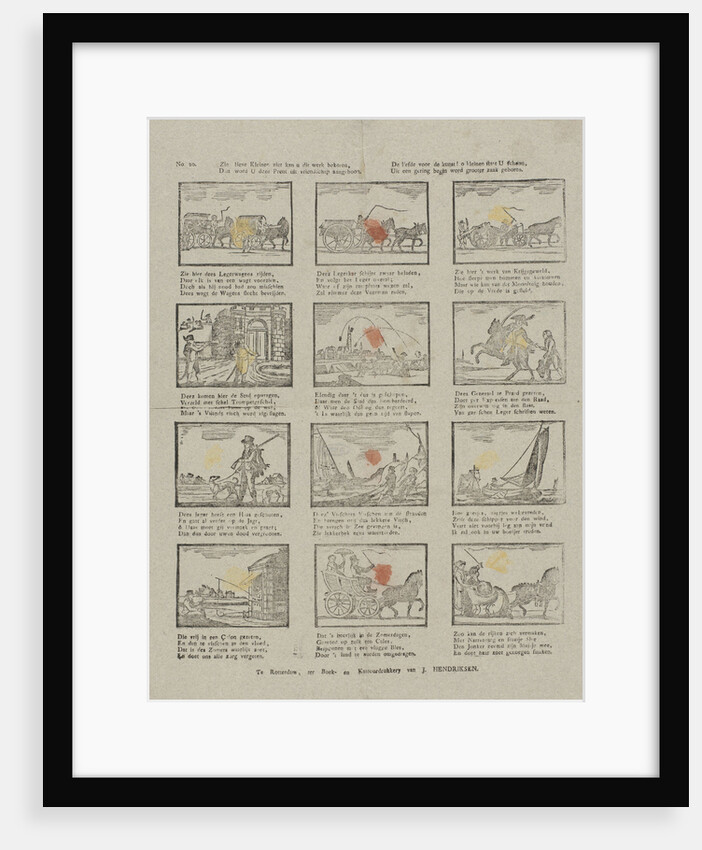 Vehicles, hunters and fishermen, under each picture a four-line verse by Jan Hendriksen