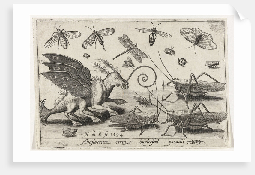 Locusts and fantasy creature with wings and webbed by Nicolaes de Bruyn