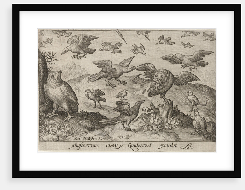 Owl with prey attacked by other bird by Nicolaes de Bruyn