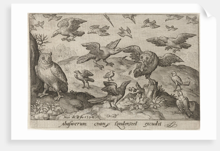 Owl with prey attacked by other bird by Nicolaes de Bruyn