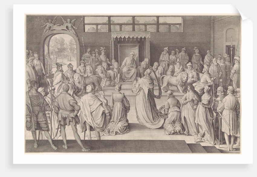 The Queen of Sheba kneels before King Solomon in the throne room, on either side of the throne of Solomon six lions by Nicolaes de Bruyn