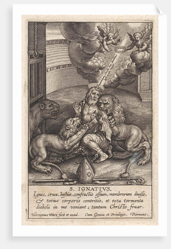 In an amphitheater, St. Ignatius, third bishop of Antioch, torn by lions by Hieronymus Wierix