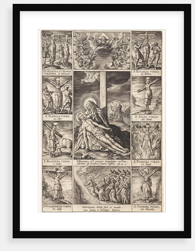 Pieta surrounded by scenes of crucified martyrs by Hieronymus Wierix