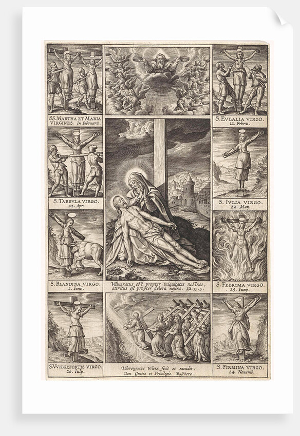 Pieta surrounded by scenes of crucified martyrs by Hieronymus Wierix