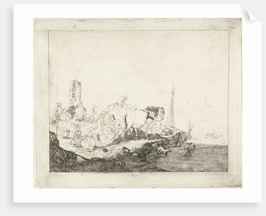 Beach Scene with man and dog in water by Joannes Bemme