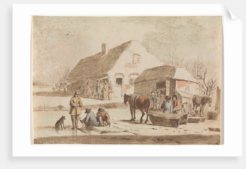 Skaters and a sledge at a farm by Hendrik Spilman