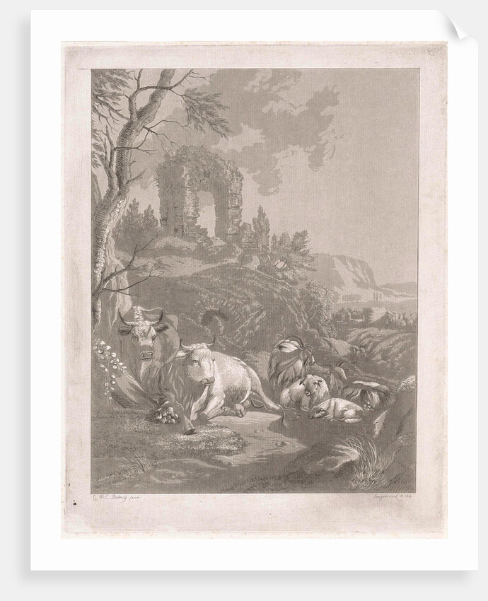 Cows, goats and sheep in a mountainous landscape with ruins by Diederik Jan Singendonck