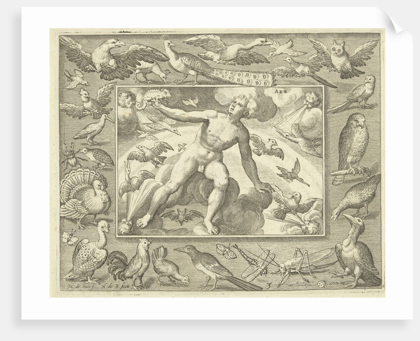 Element air as a young man on clouds between flying birds by Maerten de Vos