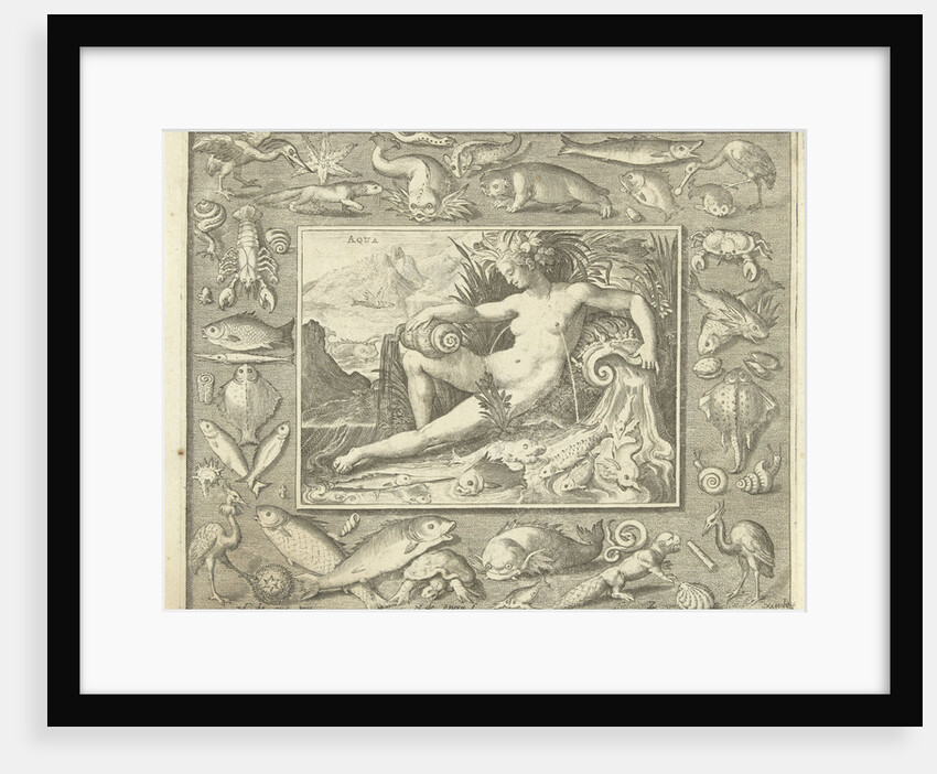 Element water as naked woman sitting near a well with fish, water flowing from her breasts by Nicolaes de Bruyn