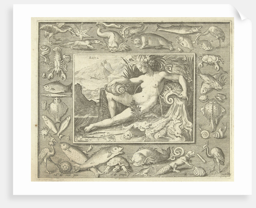 Element water as naked woman sitting near a well with fish, water flowing from her breasts by Nicolaes de Bruyn
