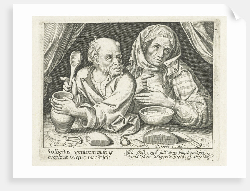 Man and woman eating porridge by Pieter Goos