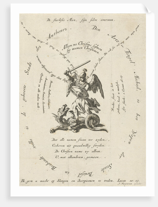 Archangel Michael slaying the dragon, around different inscriptions by Jacobus van Nieuweveen