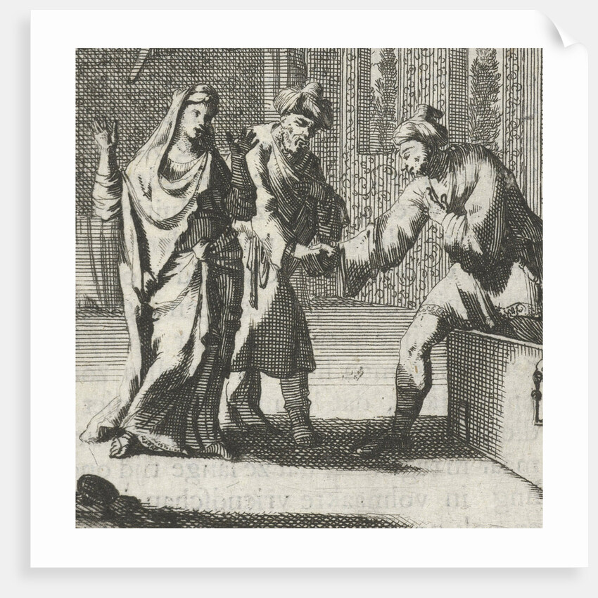 Cheated husband takes his wife's lover from a chest by Aart Wolsgrein