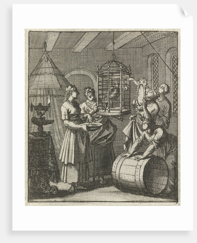 Five handmaidens see a magpie in a cage by Aart Wolsgrein Jan Luyken
