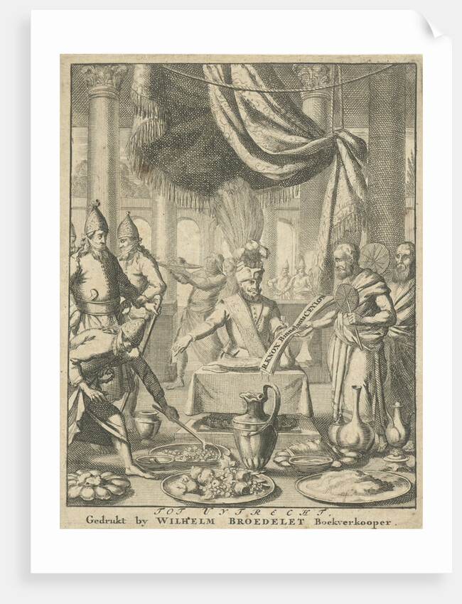 Two priests offer a king a book during a meal by Willem Broedelet