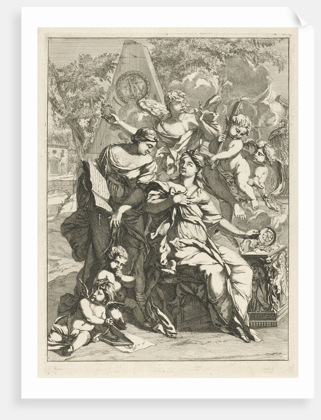 Two allegorical female figures surrounded by angels in front of a memorial by Caspar Luyken