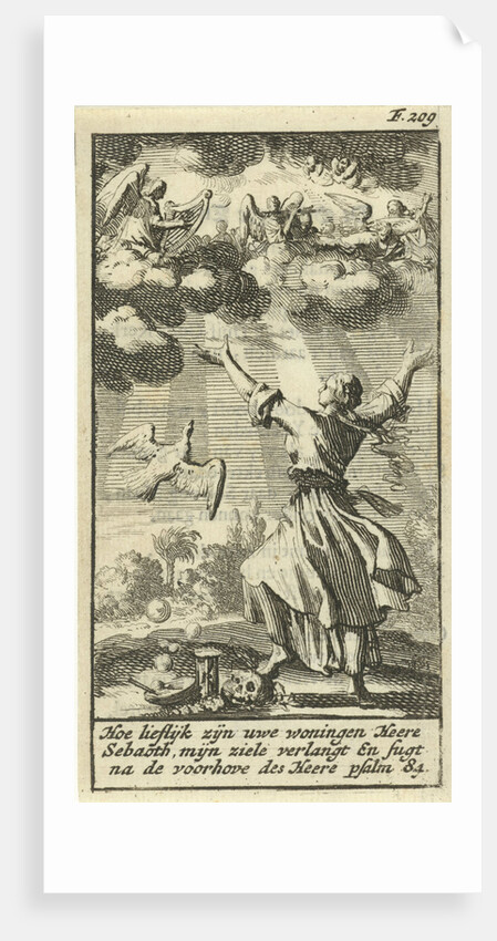 Woman listening with outstretched arms to the choir of angels in the clouds above her by Gijsbert de Groot