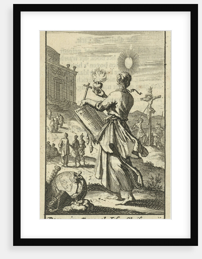 Female holding a burning heart, beholds the crucified Christ by Gijsbert de Groot