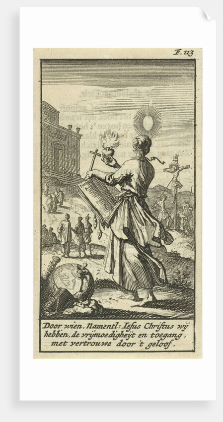 Female holding a burning heart, beholds the crucified Christ by Gijsbert de Groot