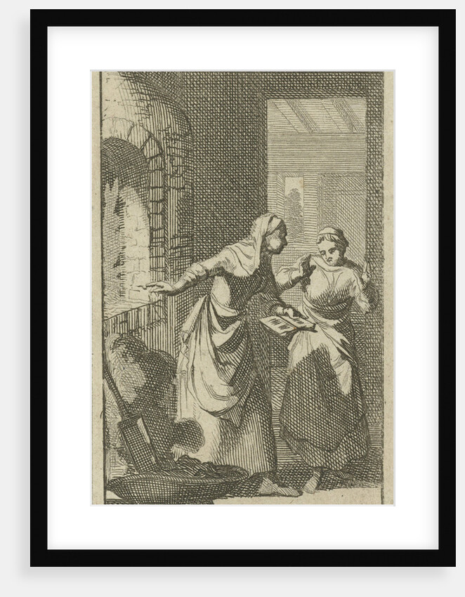 Two women retrieve a book undamaged from the fire by Jan Luyken