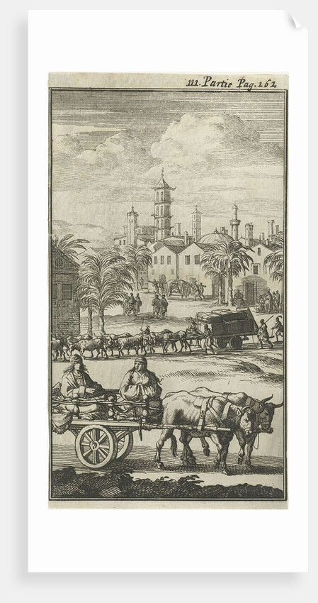 Oxen pulling carts laden with goods and people by Charles Angot