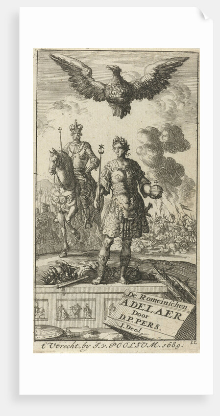 Roman emperor with scepter and globe, flying above him is an eagle with a crown in its clutches by Jurriaen van Poolsum