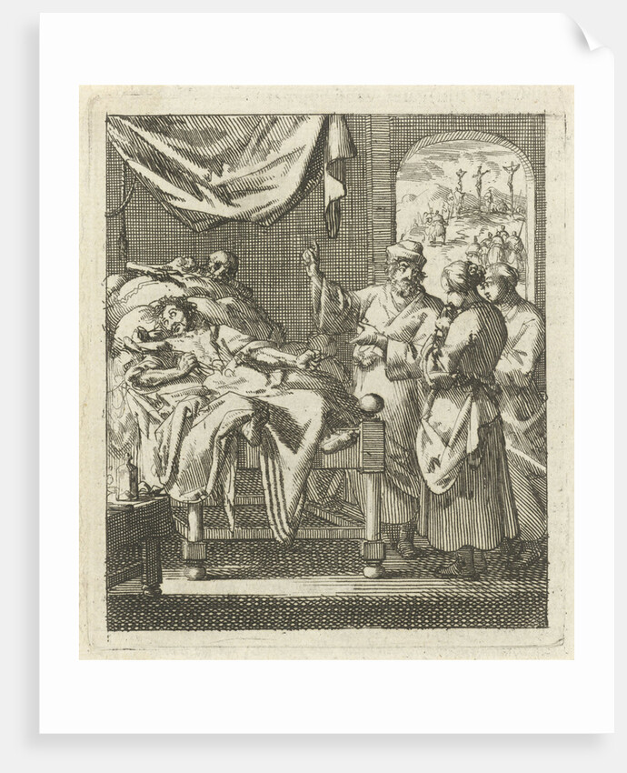 Three people at a sickbed by Pieter Arentsz II