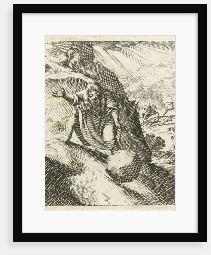 A man looks at a big stone rolling down a mountain after it slipped out of his hands by Pieter Arentsz II
