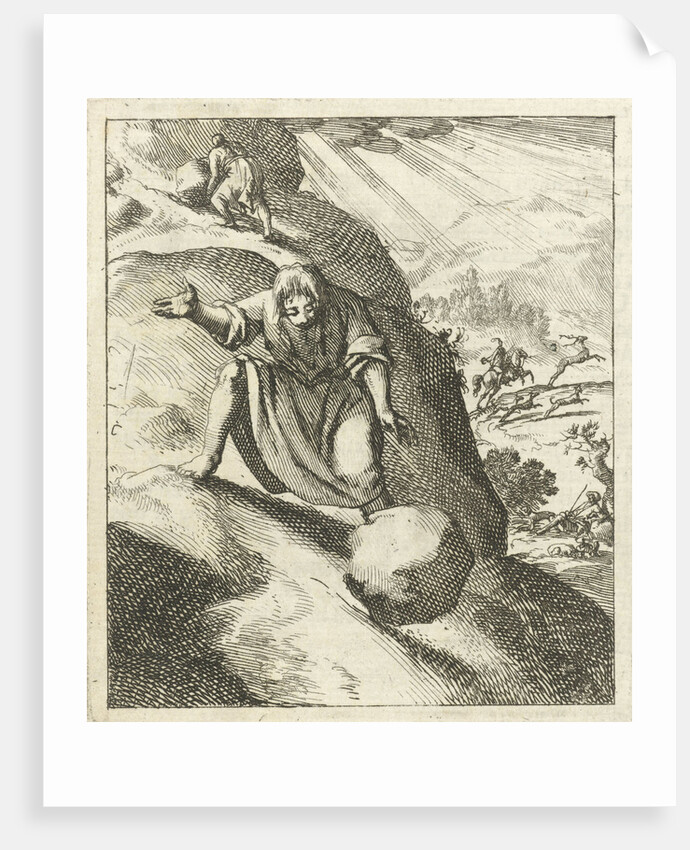 A man looks at a big stone rolling down a mountain after it slipped out of his hands by Pieter Arentsz II