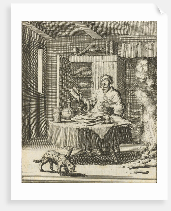 The writer William Shutter sits at a table and sings after meals from a Psalter by Gerbrandt Schagen