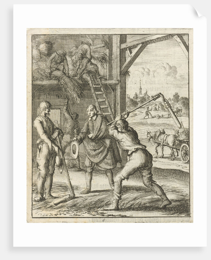 The writer William Shutter visits two farmers in a threshing barn by Gerbrandt Schagen