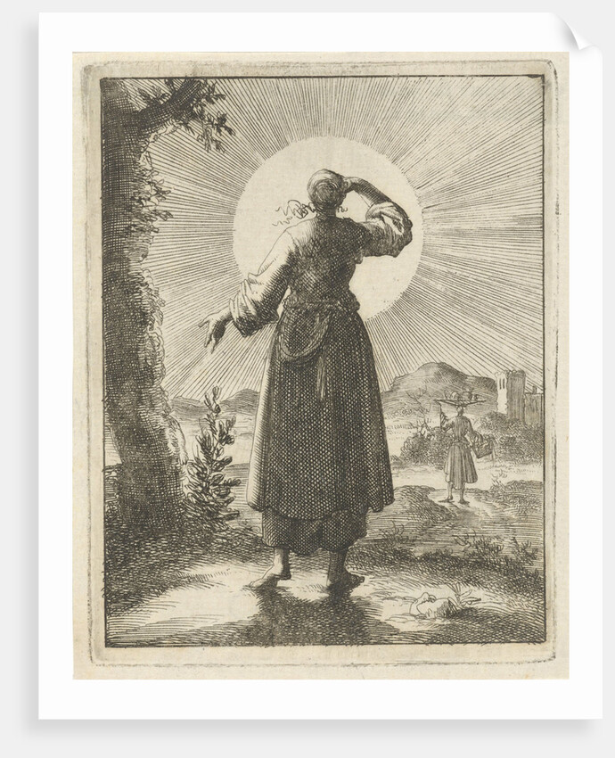 Woman holds her hand before her eyes while looking at the sun by Pieter Arentsz II