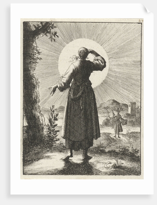 Woman holds her hand before her eyes while looking at the sun by Pieter Arentsz II