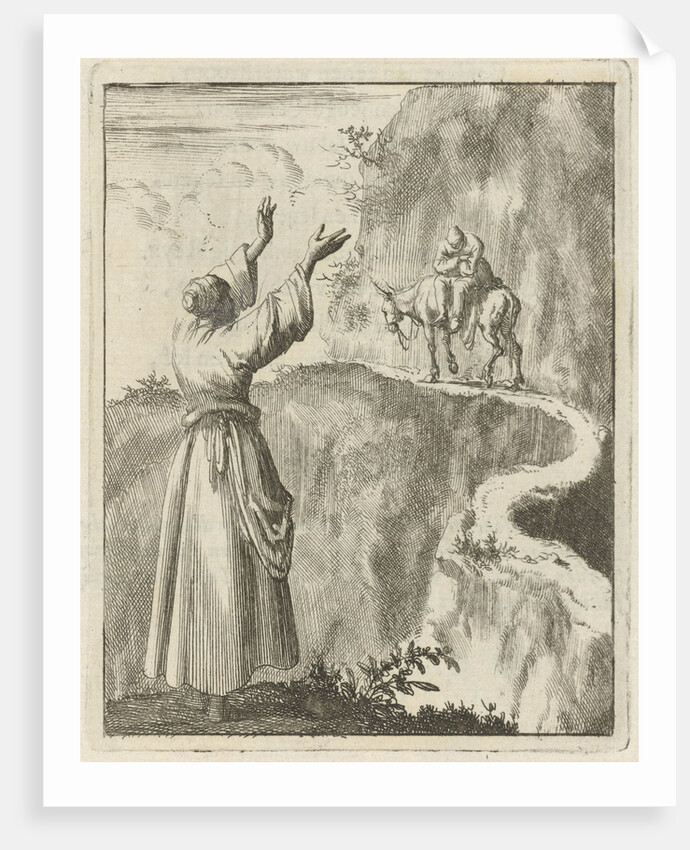 Woman looks startled at a sleeping man who bestrides a narrow mountain on a donkey by Pieter Arentsz II