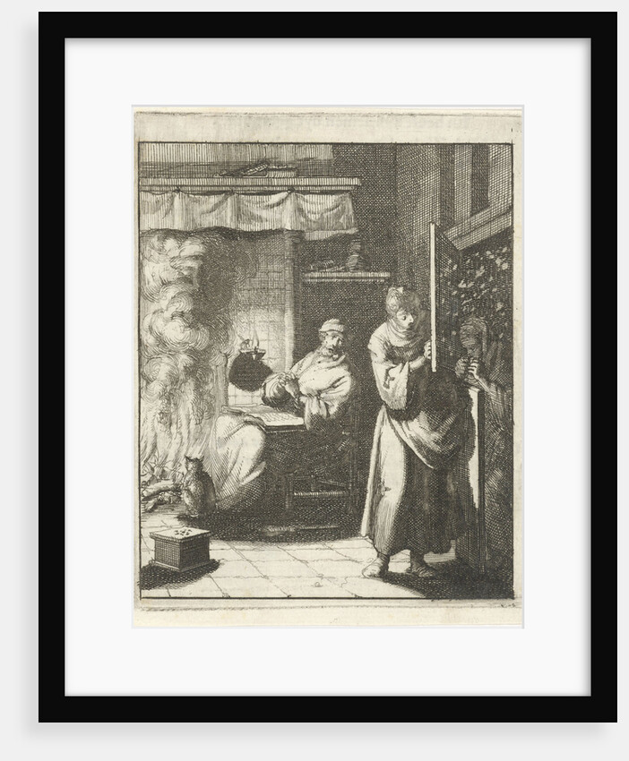 Woman opens the door for a figure who stands outside in a snowstorm by Jan Luyken