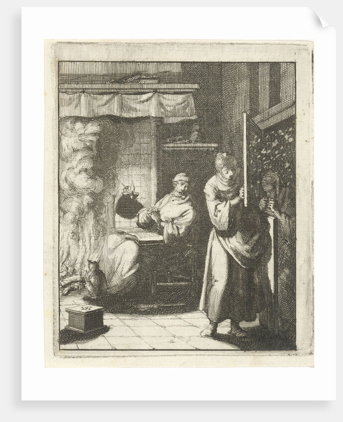 Woman opens the door for a figure who stands outside in a snowstorm by Jan Luyken