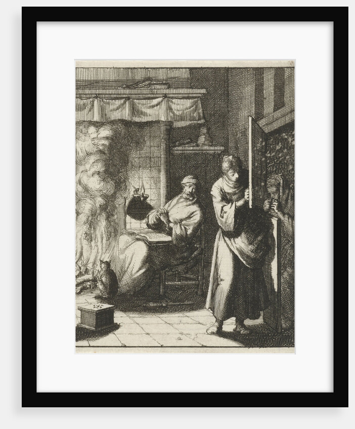 Woman opens the door for a figure who stands outside in a snowstorm by Jan Luyken