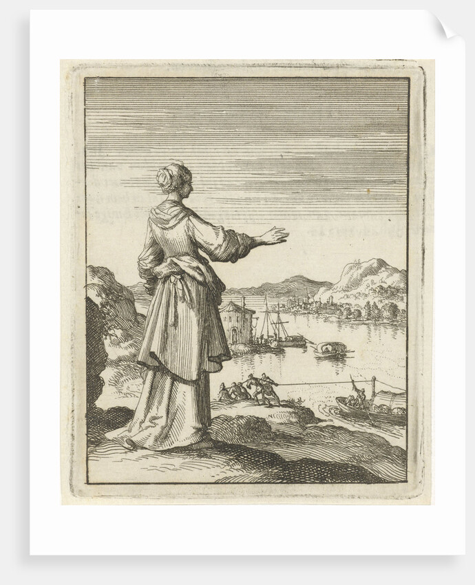 Woman overlooking a bay where a boat is pulled by a group of men by Pieter Arentsz II