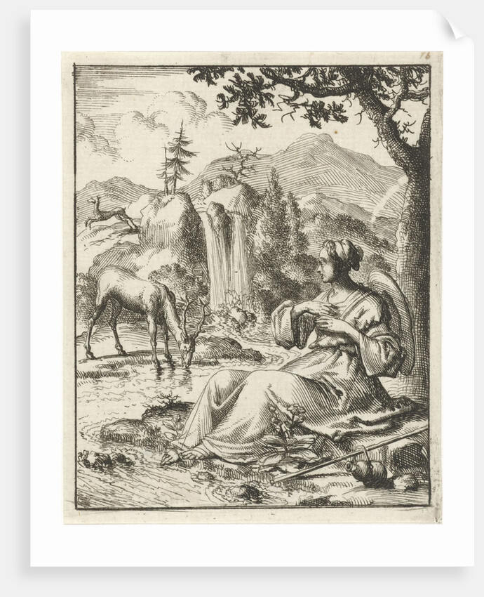 On the banks of a stream a woman sees a deer drinking by Pieter Arentsz II