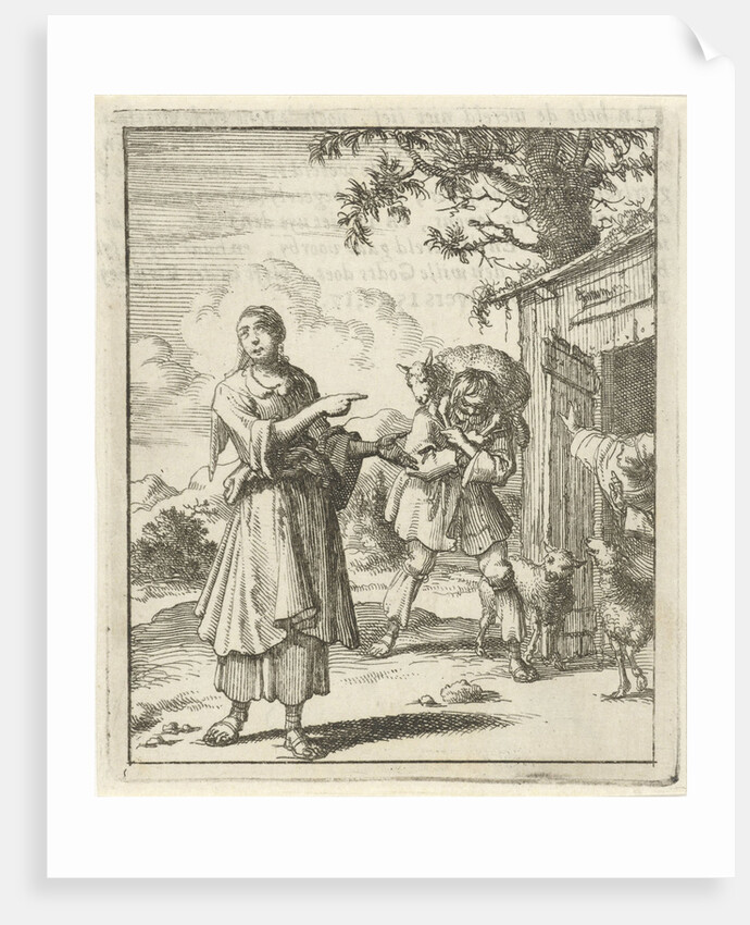 Woman pointing to a found sheep brought back to the stable on the shoulders of a man by Pieter Arentsz II
