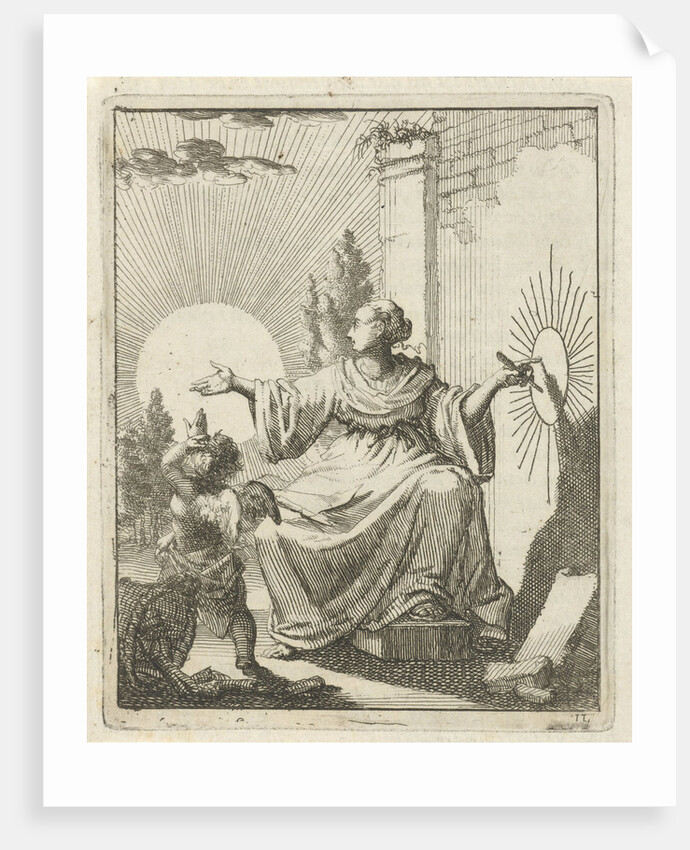 Female compares the sun with a drawing of the sun next to her on a wall by Pieter Arentsz II