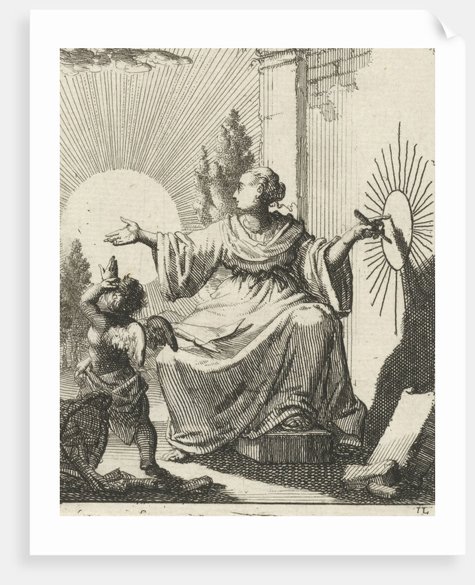 Female compares the sun with a drawing of the sun next to her on a wall by Pieter Arentsz II