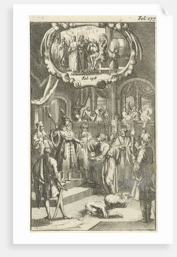 Nicephorus, Emperor of the Greeks, conquered by the Wallachen and beheaded / Diogenes showers in winter with cold water by Johannes Boekholt